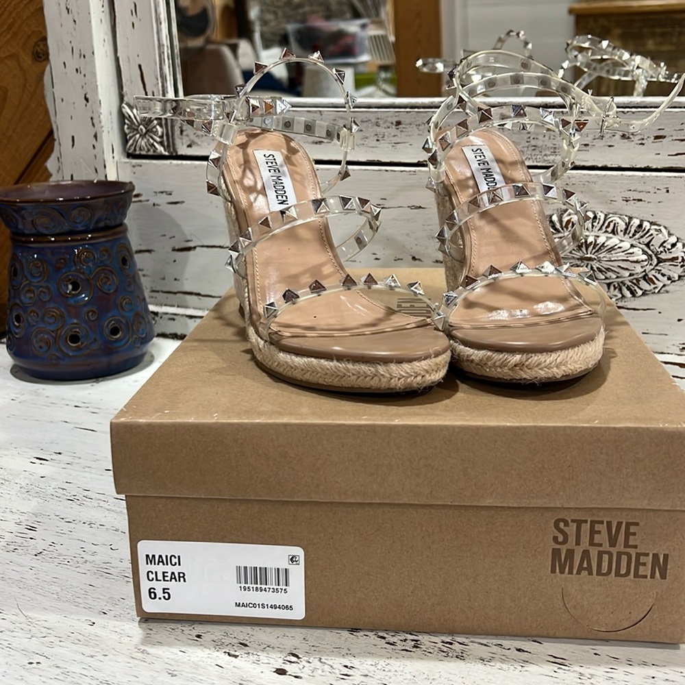 Steve Madden wedge, clear straps with silver studs